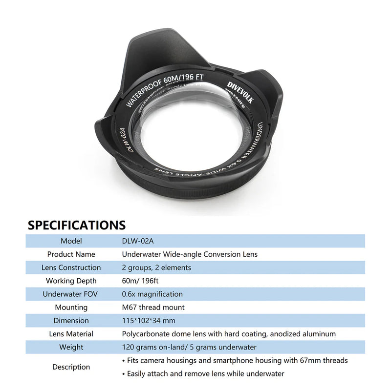Divevolk Underwater Wide Angle Dome Lens M67 Product Photo