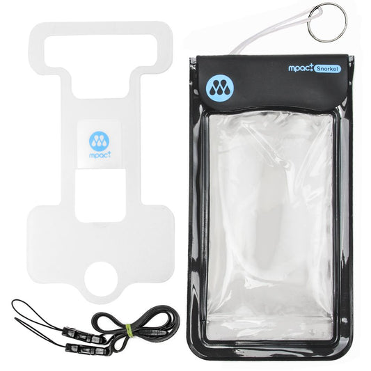 mpact Snorkel waterproof phone case with lanyard and clear window, showing smartphone protection for water activities