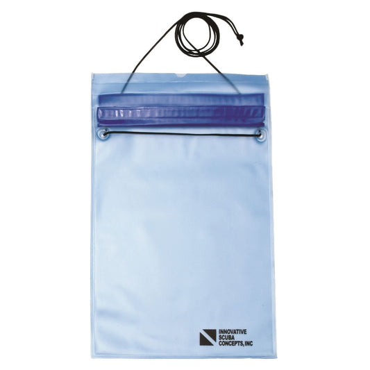 Innovative Scuba Concepts blue waterproof dry bag with black lanyard and clear viewing window for underwater storage