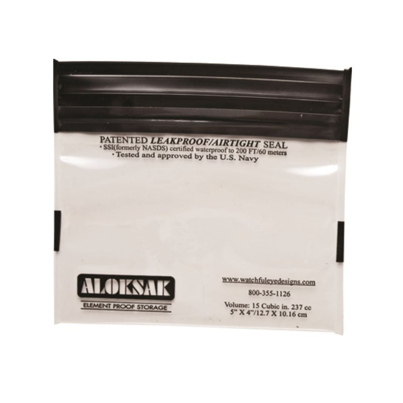 ALOKSAK clear waterproof storage bag front view showing transparent design and element proof storage branding