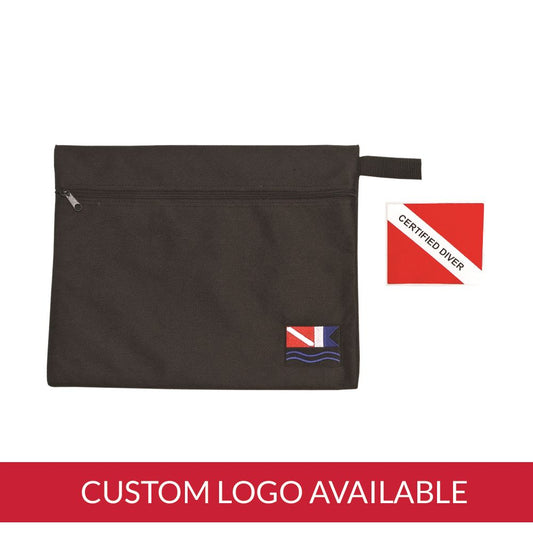 Innovate Scuba Concepts black scuba gear pouch with dive flag logo patch, certified diver badge, and custom logo available text