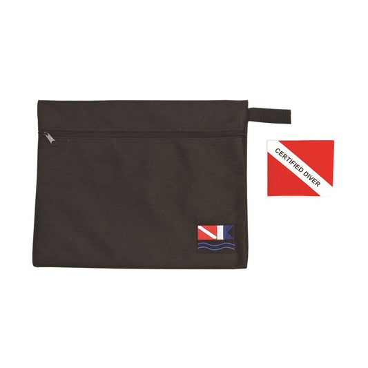 Innovate Scuba Concepts black scuba accessory pouch showing dive flag emblem and zippered closure with wrist strap