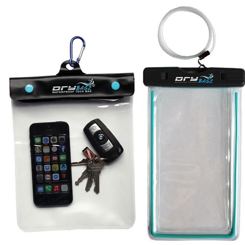 Dry pak waterproof storage bags showing phone and keys sealed inside clear protective cases with lanyards