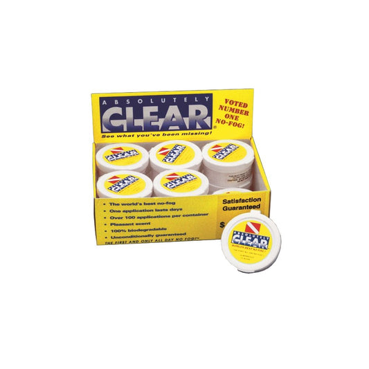 Clear anti-fog gel in white container with yellow lid, professional dive shop quality mask treatment solution