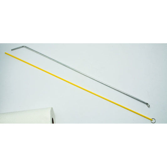 Yellow and silver metal lionfish tamer rods shown side-by-side on a white surface