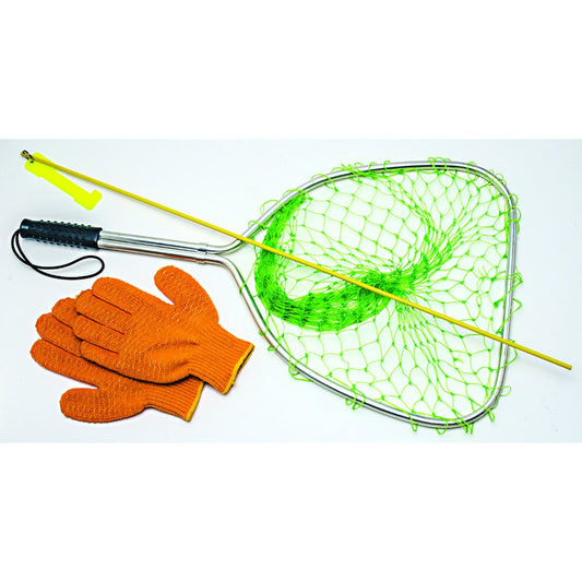 Complete lionfish catch kit including net with green mesh, yellow tamer rod, orange gloves, and grip handle