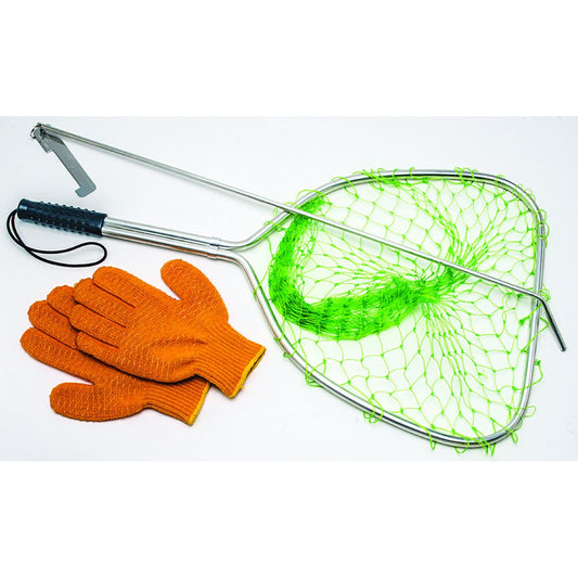 Folded lionfish catch net with orange gloves and collapsible metal pole, laid out for display