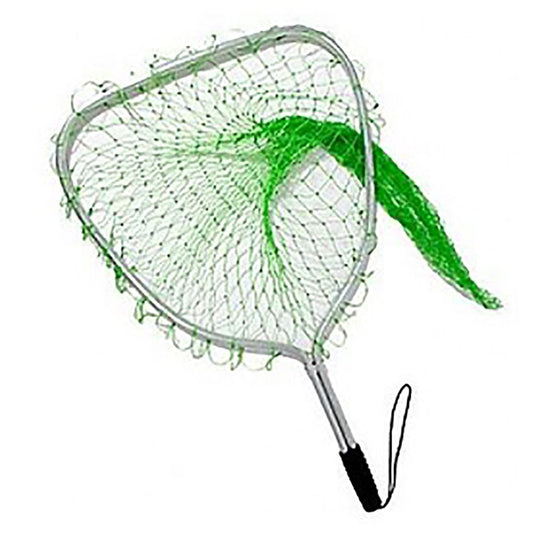 Close-up of green mesh lionfish net with silver frame and black wrist strap