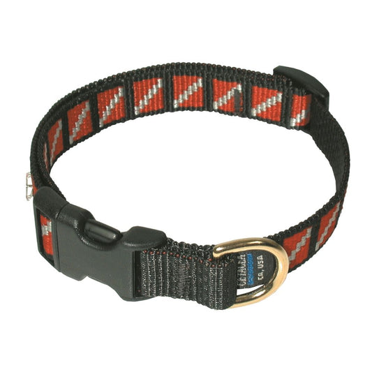 Black nylon dog collar with red and white dive flag pattern featuring quick-release buckle and brass D-ring