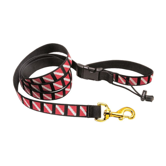 Red and white dive flag patterned dog leash with brass snap hook and matching collar set for diving enthusiasts