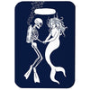 Innovate Scuba Concepts luggage tag featuring a white skeleton diver holding hands with a mermaid on a deep navy background