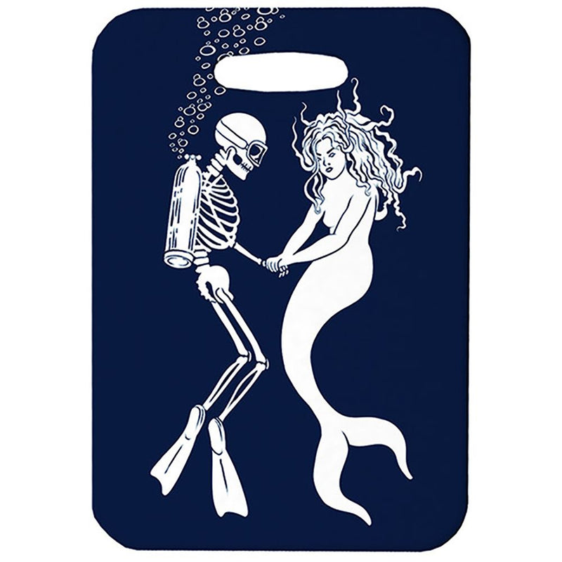 Innovate Scuba Concepts luggage tag featuring a white skeleton diver holding hands with a mermaid on a deep navy background