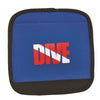 Blue neoprene Divers Luggage Grip with bold red and white ‘DIVE’ logo, black edging for secure grip, by Innovative Scuba Concepts.