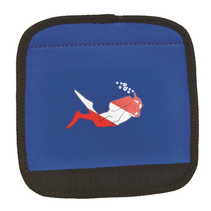 Bright yellow Divers Luggage Grip featuring red and white scuba diver silhouette, black trim, from Innovative Scuba Concepts.