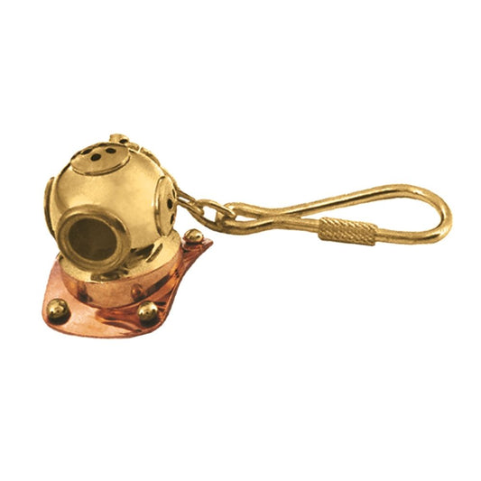 Miniature antique brass diver helmet keychain with detailed design and clip hook, by Innovative Scuba Concepts.