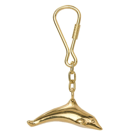 Gold-tone dolphin keychain with attached clasp hook, marine-themed accessory by Innovative Scuba Concepts.