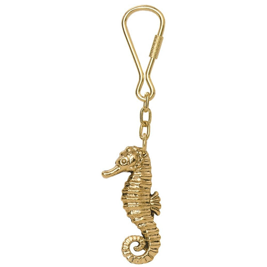 Intricately detailed gold seahorse keychain with clip hook, ocean-themed accessory from Innovative Scuba Concepts.