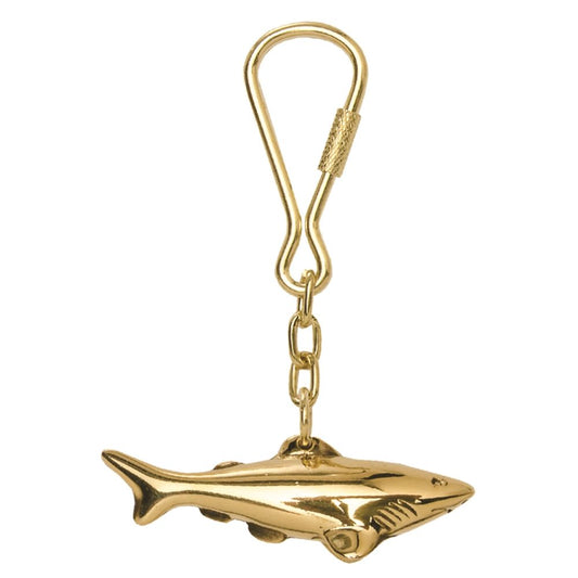Gold-tone shark keychain with realistic fin and gill details, includes hook clasp, by Innovative Scuba Concepts.