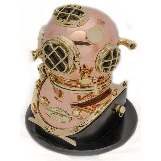 Decorative vintage-style brass and copper deep sea diver helmet on black base, collectible by Innovative Scuba Concepts.