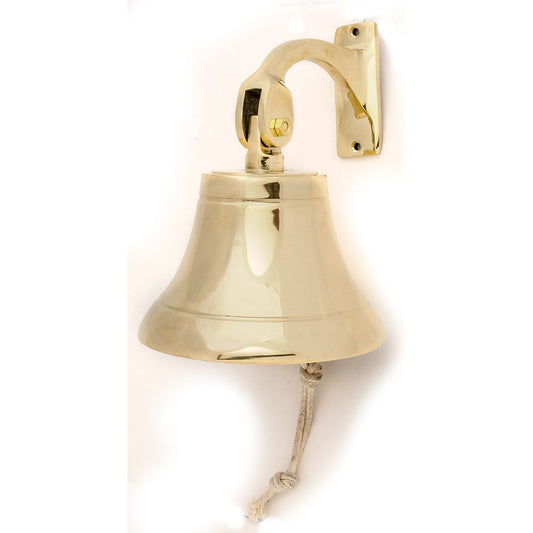 Polished brass ship bell with wall-mount bracket and white rope pull, classic maritime decor from Innovative Scuba Concepts.