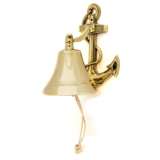 Brass ship bell with decorative anchor wall mount and rope pull, marine-style decor by Innovative Scuba Concepts.