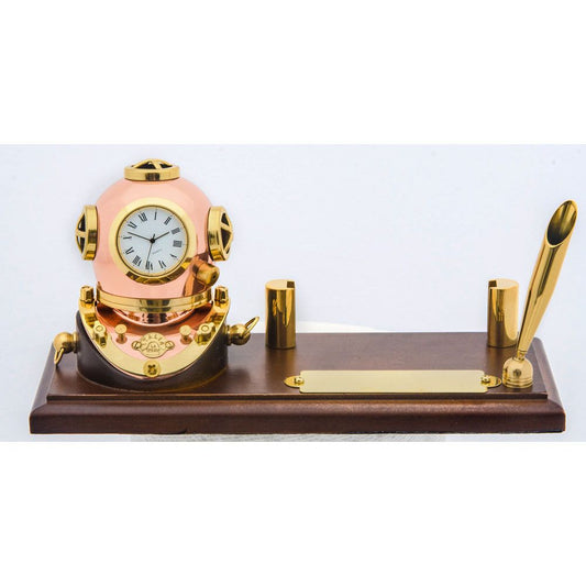 Brass and copper diving helmet clock with pen holder and nameplate, mounted on rich wood base, elegant nautical desk set by Innovative Scuba Concepts.