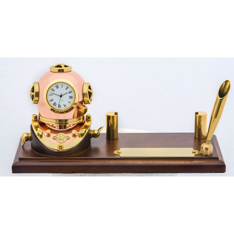 Brass and copper diving helmet clock with pen holder and nameplate, mounted on rich wood base, elegant nautical desk set by Innovative Scuba Concepts.