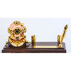 Antique-style diver helmet desk set with brass grid window, matching pen holder and nameplate, premium maritime gift by Innovative Scuba Concepts.