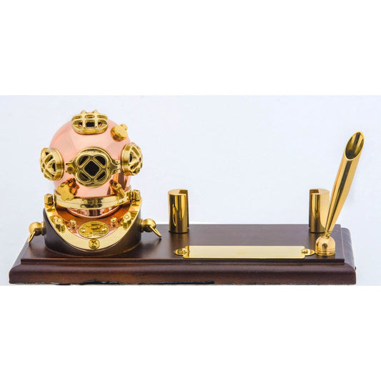 Antique-style diver helmet desk set with brass grid window, matching pen holder and nameplate, premium maritime gift by Innovative Scuba Concepts.