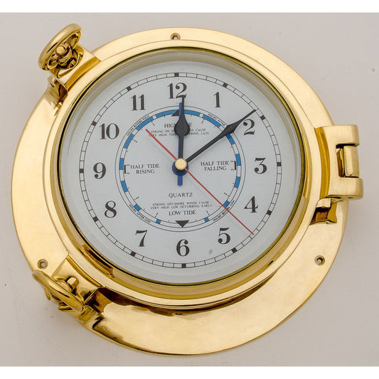 Elegant gold-finished tide clock featuring high and low tide indicators, set in a hinged porthole-style brass frame.