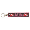 Embroidered pink and black keychain tag with “Dive Diva” text and diver-down flag symbols, includes metal key ring.