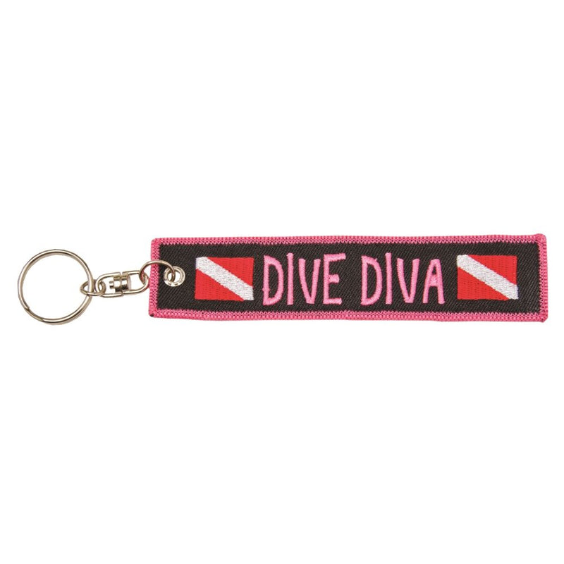 Embroidered pink and black keychain tag with “Dive Diva” text and diver-down flag symbols, includes metal key ring.