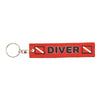 Sturdy red embroidered keychain with “Diver” text and two diver-down flag patches, fitted with a metal key ring.