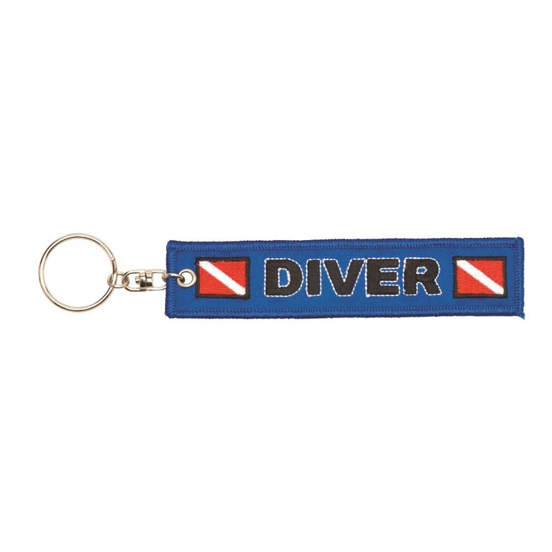 Blue fabric keychain tag featuring “Diver” text flanked by diver-down flag symbols, attached to a silver key ring.