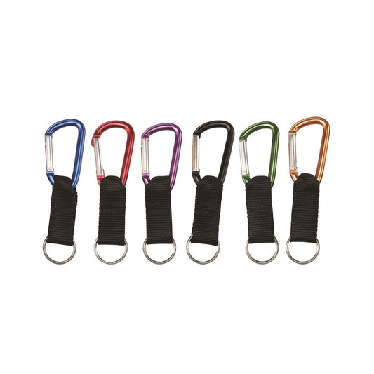 Set of six anodized aluminum carabiner clips in various colors with black nylon webbing and attached split rings, ideal for keys or dive accessories.