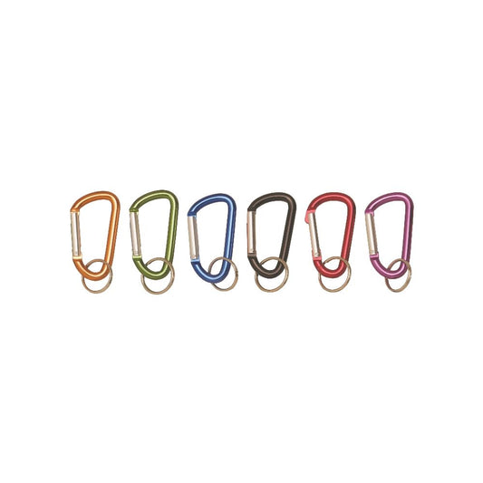 Set of six compact carabiner keychains in assorted colors, each featuring a small split ring for convenient key or gear attachment.