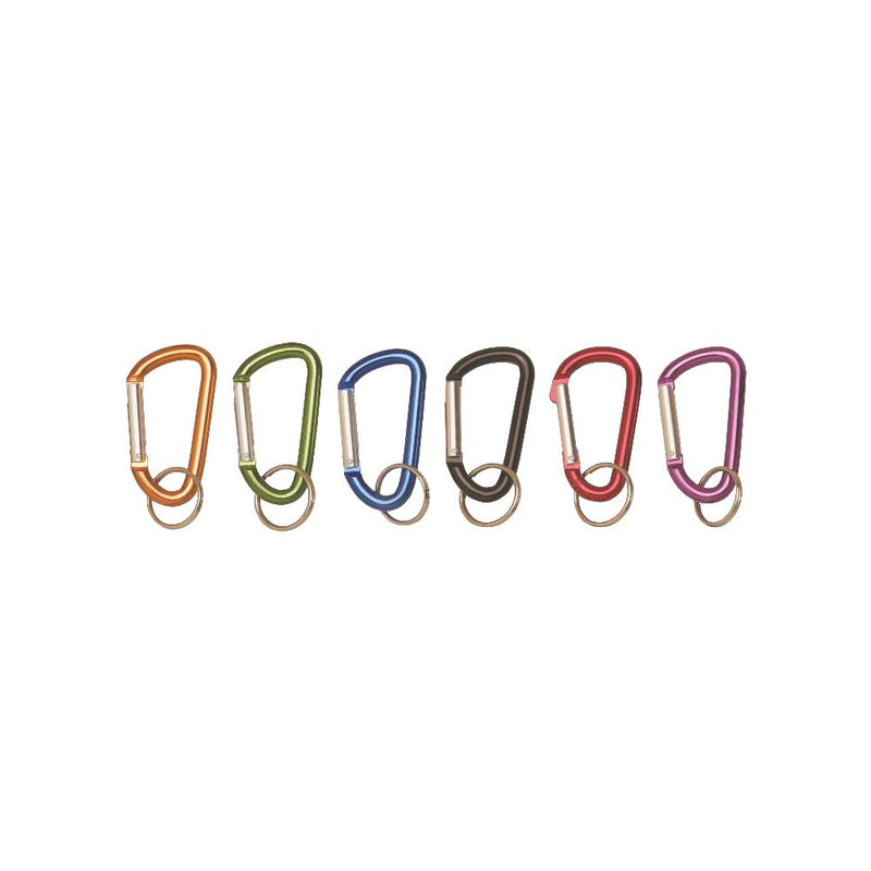 Set of six compact carabiner keychains in assorted colors, each featuring a small split ring for convenient key or gear attachment.