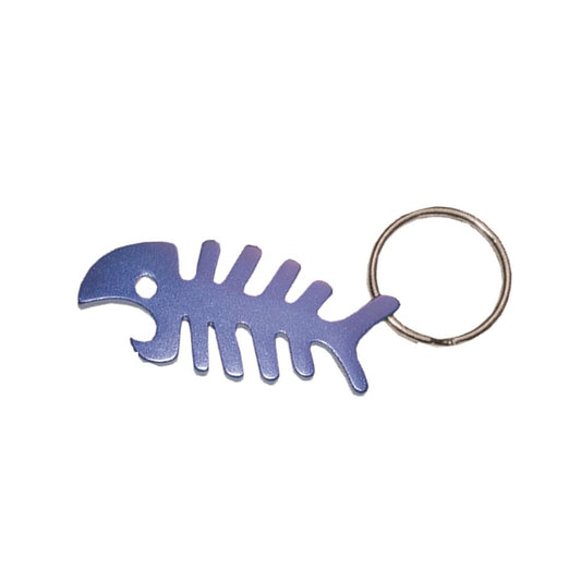 Blue anodized aluminum keychain shaped like a fish skeleton with integrated bottle opener and metal key ring.