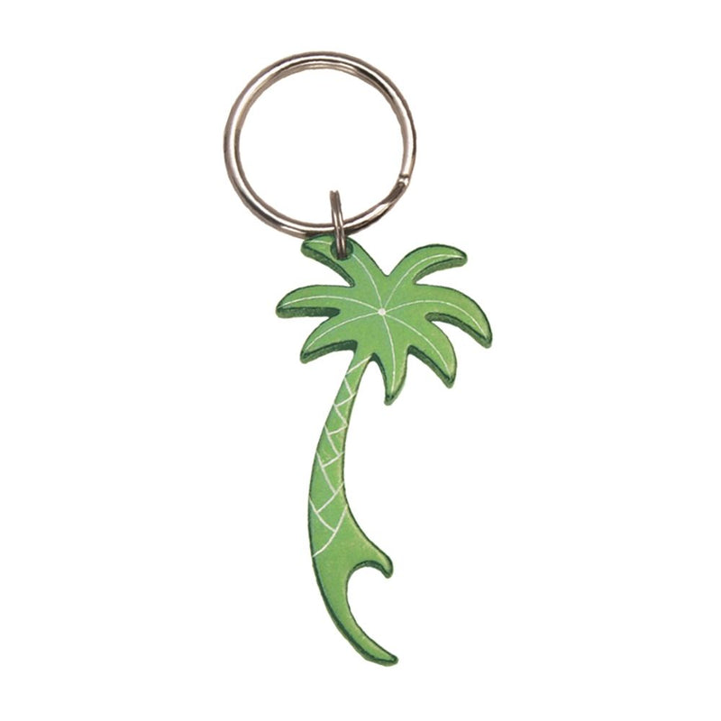 Tropical-themed green aluminum keychain shaped like a palm tree with engraved trunk detailing, includes a built-in bottle opener and metal split ring for keys.