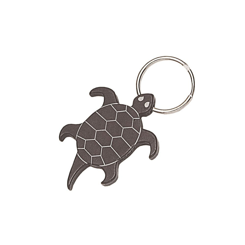 Black aluminum sea turtle-shaped keychain with engraved shell pattern and attached metal key ring, functions as a bottle opener.