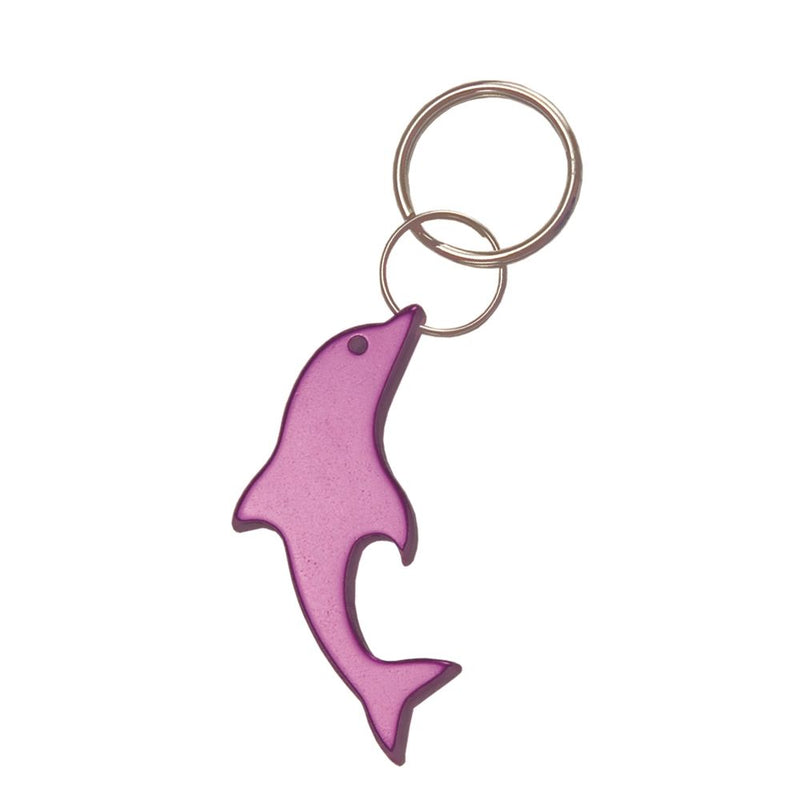 Pink anodized aluminum dolphin-shaped keychain with eye detail and metal key ring, doubles as a bottle opener.