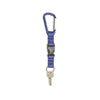 Blue nylon lanyard with a metal carabiner clip, plastic quick-release buckle, and key ring, shown holding a standard key.