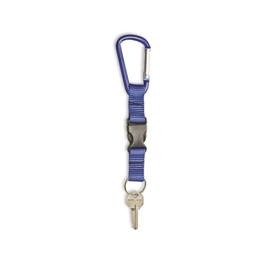 Blue nylon lanyard with a metal carabiner clip, plastic quick-release buckle, and key ring, shown holding a standard key.