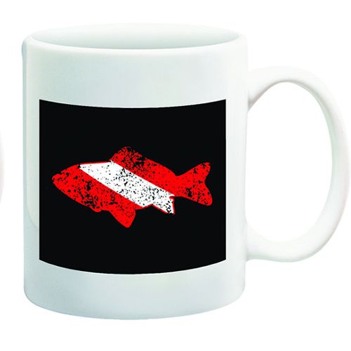 White ceramic mug with a distressed red and white dive flag fish graphic on a black background.