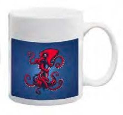 White ceramic mug with a bold red octopus graphic on a dark blue underwater-themed background.