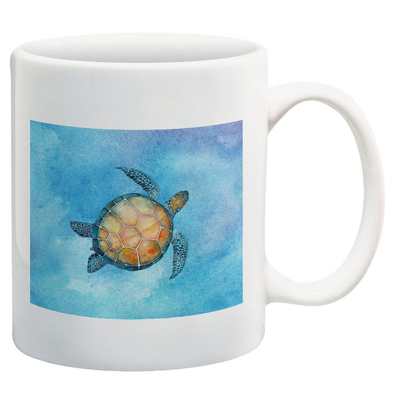 Sea turtle swimming in blue ocean waters printed on white ceramic coffee mug