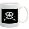 Scuba diving mask with crossed spear guns pirate-style logo on black background printed on white ceramic coffee mug