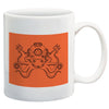 Octopus wearing vintage diving helmet with tentacles spread on orange background printed on white ceramic coffee mug
