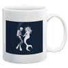 Skeleton scuba diver dancing with mermaid underwater with bubbles on dark blue background printed on white ceramic coffee mug