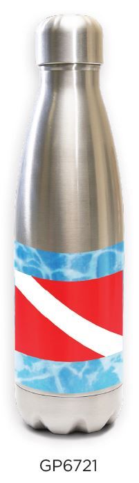 Innovate Scuba Concepts stainless steel water bottle with dive flag design - red field with white diagonal stripe on blue and white wave pattern background